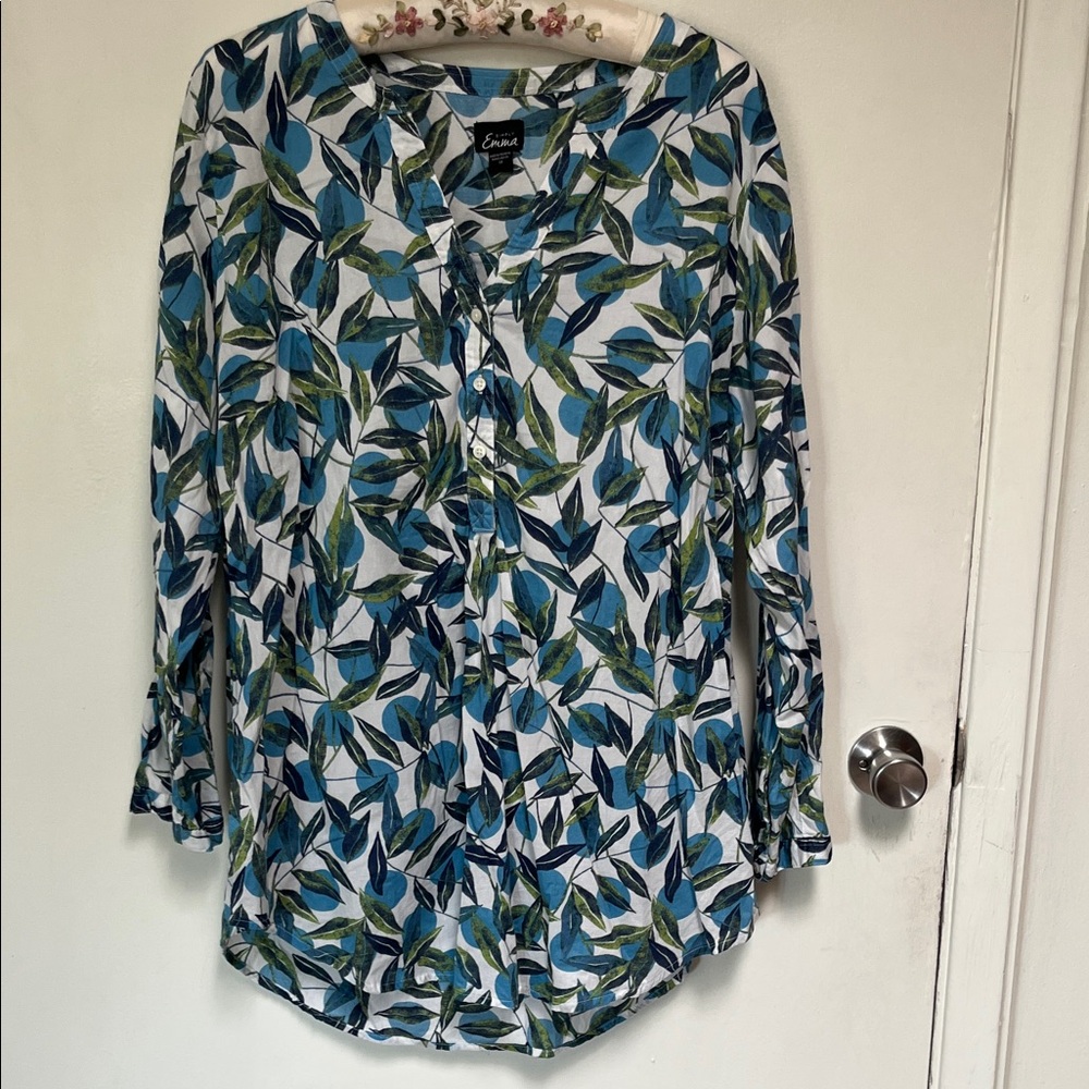 Simply Emma Blue and Green Leaf Print Blouse